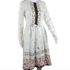 Vintage 70s Miss Donna Cream Dainty Floral Long Sleeve Fit & Flare Midi Dress